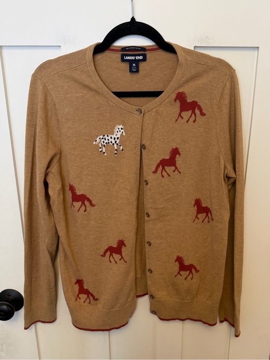 Lands' End Sweaters - Lands End M Pima Cotton Tan Cardigan Button Down Sweater horse Equestrian